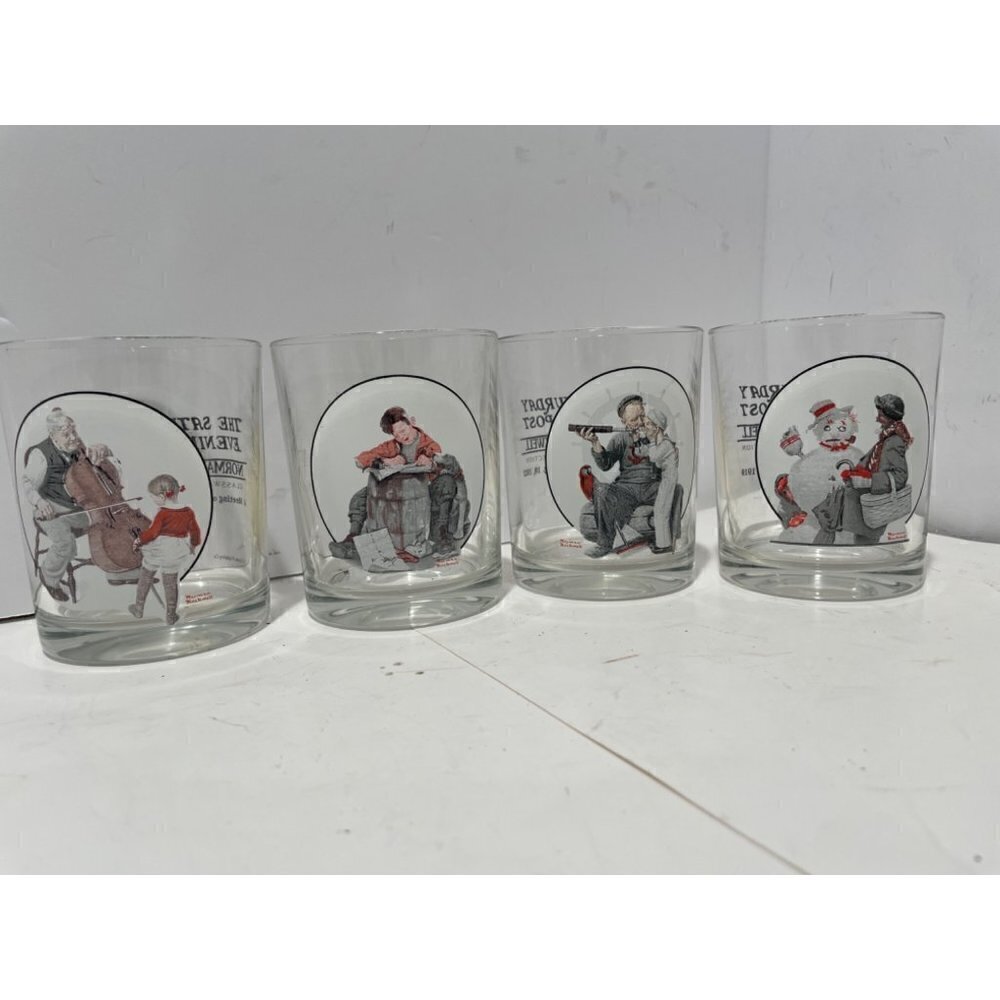 Vintage THE SATURDAY EVENING POST NORMAL ROCKWELL 4 GLASS SET COLLECTION
